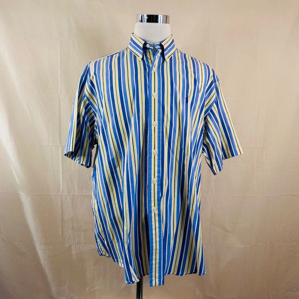 Polo Ralph Lauren XL Blake Button Down Shirt Blue Yellow Striped Short Sleeve